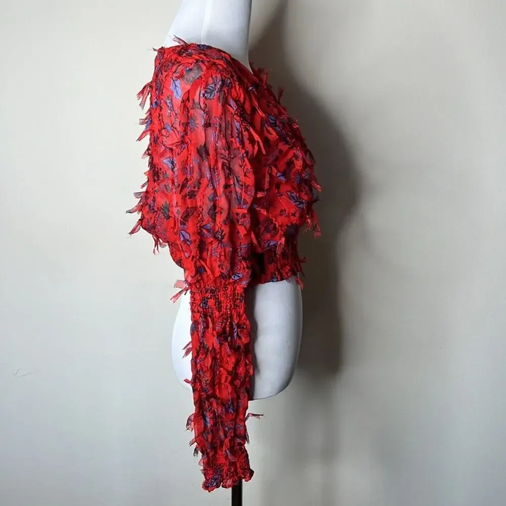 Zara Red Floral Fringe Long Sleeve V-Neck Crop Top